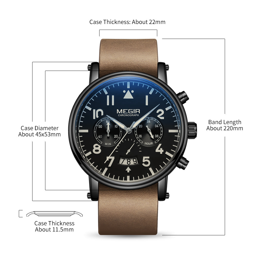 MEGIR Fashion Mens Watches Leather Military Sport Watch Chronograph Luminous Waterproof Quartz Wristwatch Man Clock Reloj Hombre-7