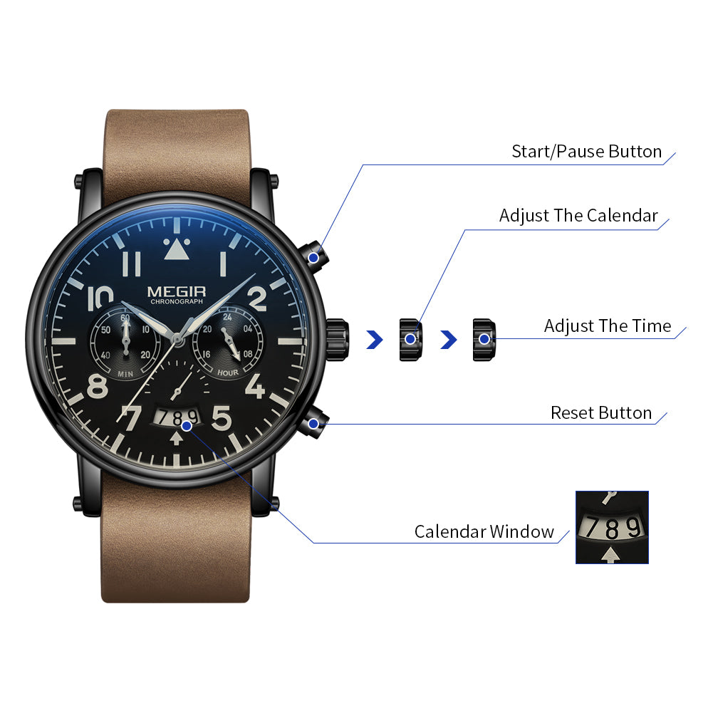 MEGIR Fashion Mens Watches Leather Military Sport Watch Chronograph Luminous Waterproof Quartz Wristwatch Man Clock Reloj Hombre-6