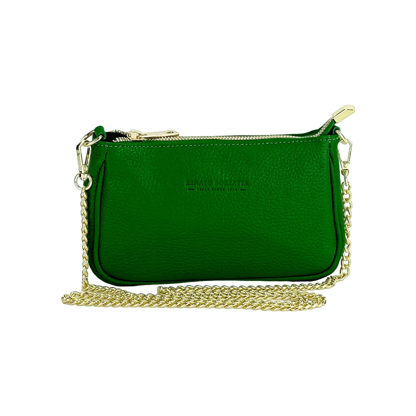 RB1022E | Small Genuine Leather Bag Made in Italy with Removable Chain Shoulder Strap. Zip Closure and Polished Gold Metal Accessories. Green Color. Dimensions: 20 x 12 x 6 cm.-1
