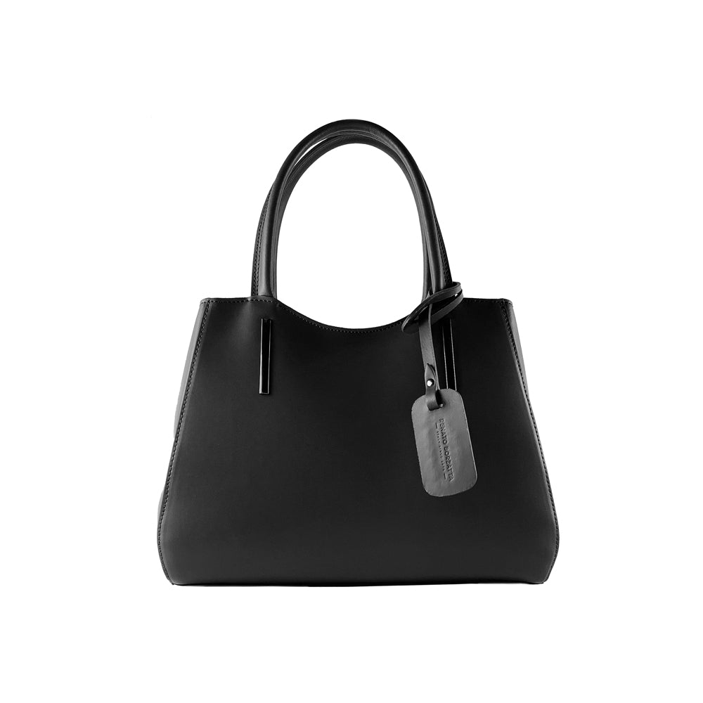 RB1004A | Genuine Leather Handbag Made in Italy with Removable Shoulder Strap and Gunmetal Metal Snap Hook Attachments - Black Color - Dimensions: 33 x 25 x 15 cm + Handles 13 cm-0
