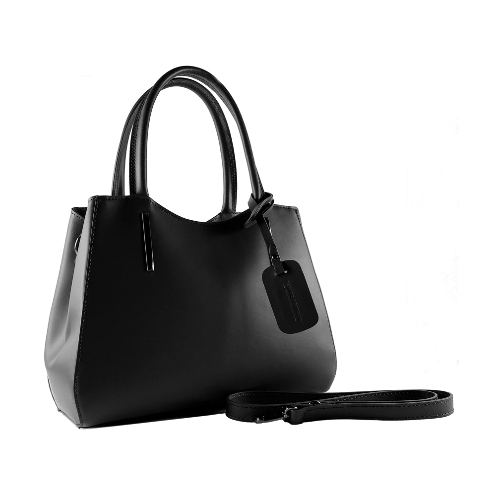 RB1004A | Genuine Leather Handbag Made in Italy with Removable Shoulder Strap and Gunmetal Metal Snap Hook Attachments - Black Color - Dimensions: 33 x 25 x 15 cm + Handles 13 cm-2