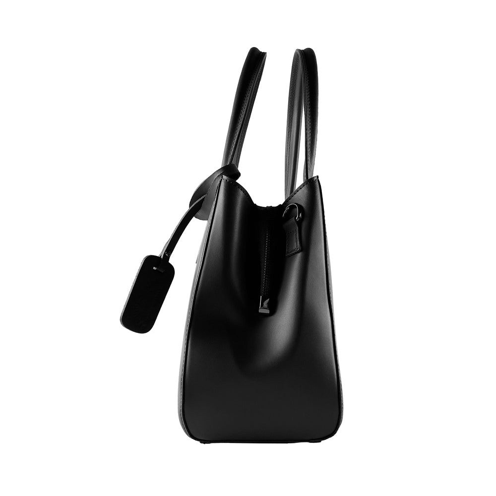 RB1004A | Genuine Leather Handbag Made in Italy with Removable Shoulder Strap and Gunmetal Metal Snap Hook Attachments - Black Color - Dimensions: 33 x 25 x 15 cm + Handles 13 cm-3