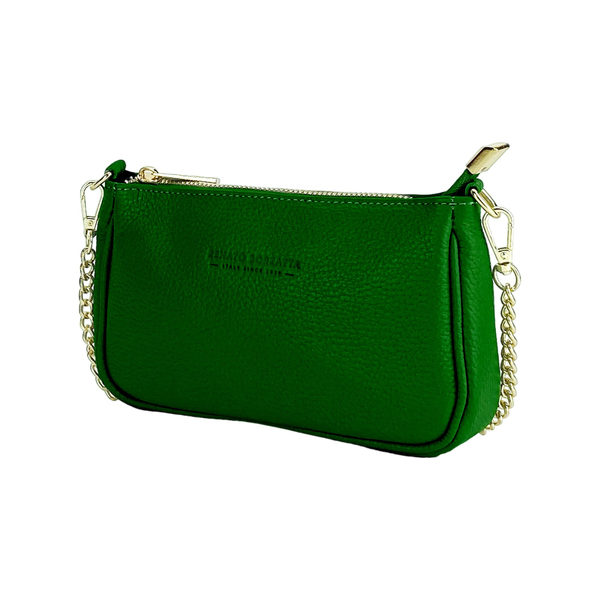 RB1022E | Small Genuine Leather Bag Made in Italy with Removable Chain Shoulder Strap. Zip Closure and Polished Gold Metal Accessories. Green Color. Dimensions: 20 x 12 x 6 cm.-0