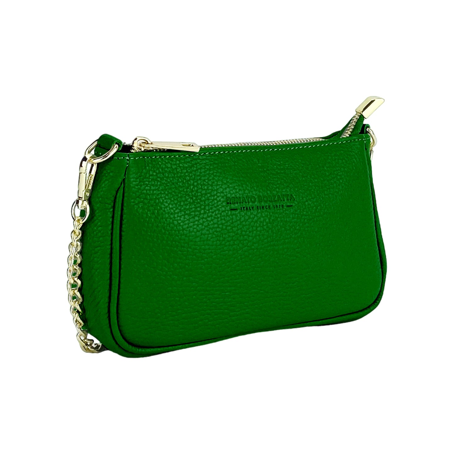 RB1022E | Small Genuine Leather Bag Made in Italy with Removable Chain Shoulder Strap. Zip Closure and Polished Gold Metal Accessories. Green Color. Dimensions: 20 x 12 x 6 cm.-2