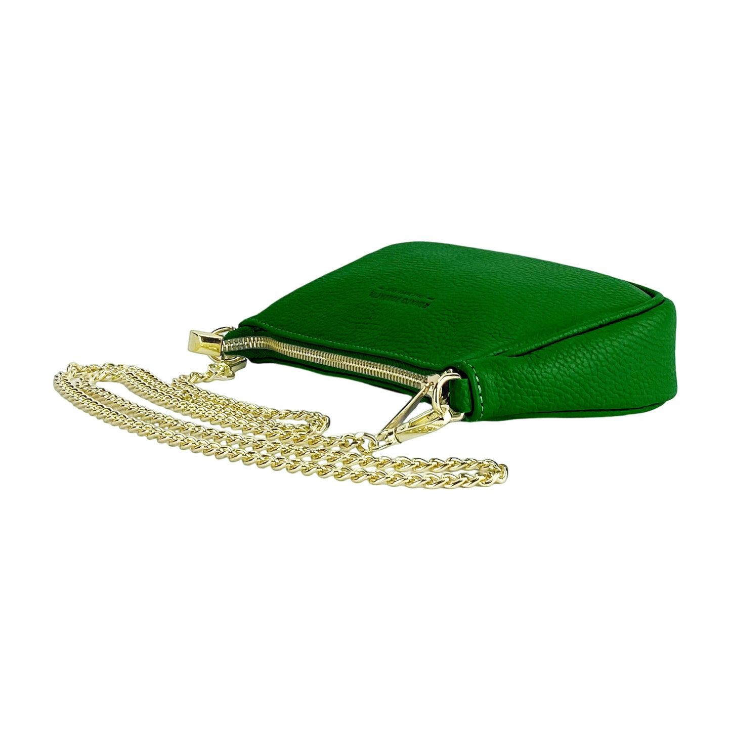 RB1022E | Small Genuine Leather Bag Made in Italy with Removable Chain Shoulder Strap. Zip Closure and Polished Gold Metal Accessories. Green Color. Dimensions: 20 x 12 x 6 cm.-3